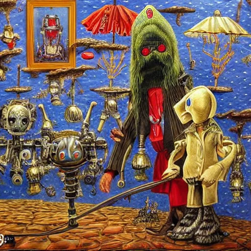 Image similar to a robed wizard, puppeteering a toy robot, in the style of michael cheval, surreal, highly detailed, super intricate, whimsical and surreal. wizard and robot puppet