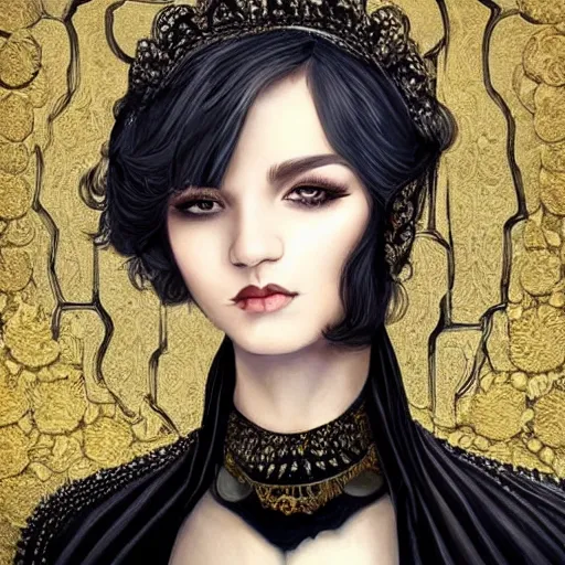 Prompt: a girl with short hair, dressed in a black gauze with golden scales on her clothes, a palace in the background, beautiful bust illustrations, top lighting, highly detailed, perfect shadows, soft paintings, the art of mel milton