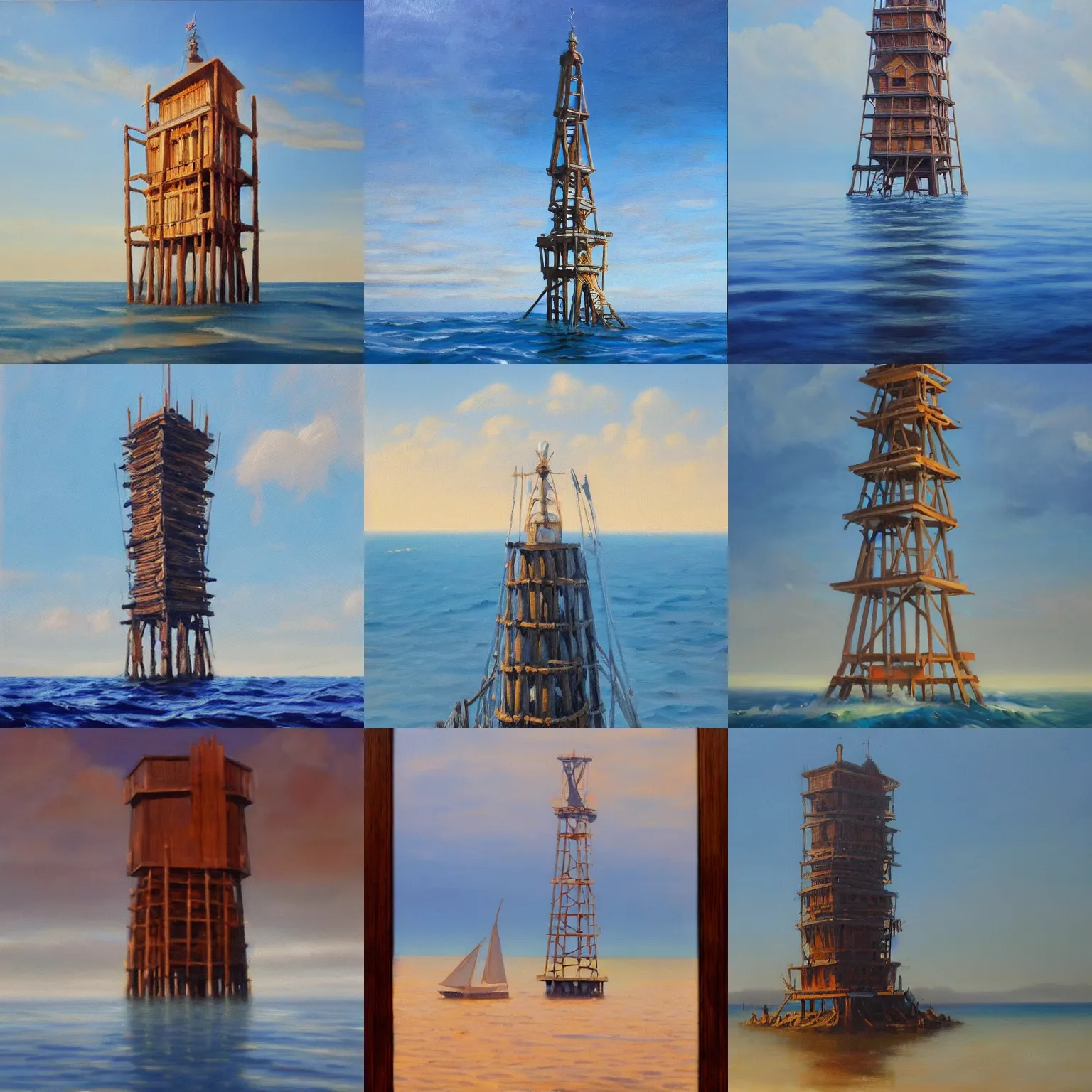 Prompt: beautiful oil painting of a wooden tower in the middle of the ocean at noon, blue sky, intrincated, mist, masterpiece, by hal foster, etienne hebinger, trending on artstation