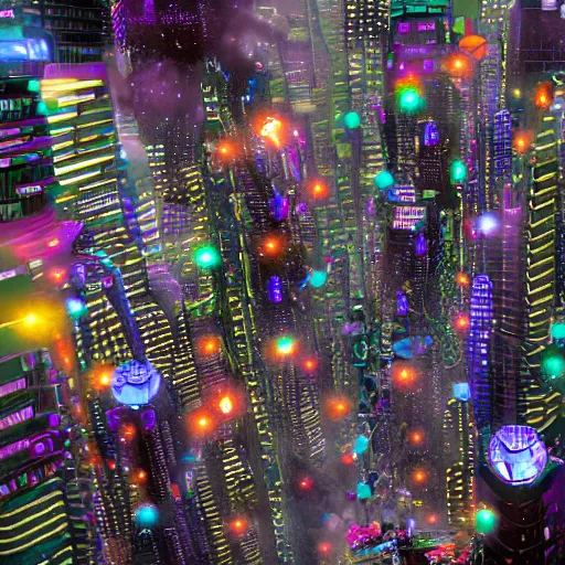 Prompt: a horde of miniature spaceships made of microscopic, multi-colored glitter flies between skyscrapers in a cyberpunk city of the future