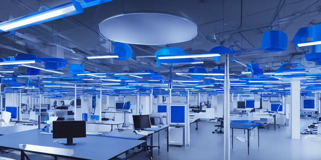 Image similar to A hi-tech laboratory with computers, consoles, test tubes with blue liquid inside, blue lamps on the ceiling, sci-fi, cinematic lightning, 8k render, ultra HD