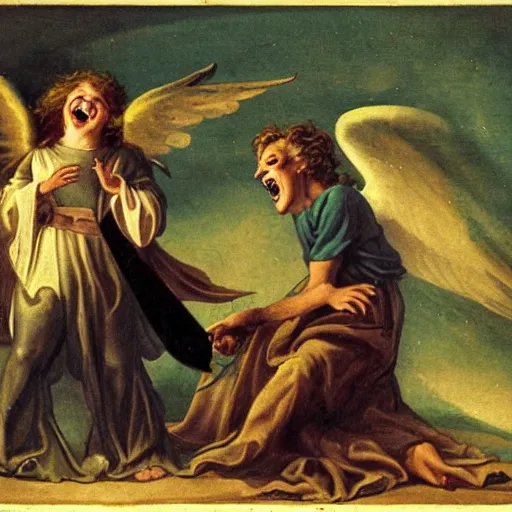 Image similar to an angel laughing at a devils joke