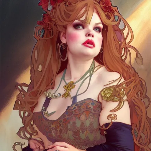 Image similar to trisha paytas dressing up for halloween night, intricate illustration by krenz cushart, alphonse mucha, artgerm, trending on artstation