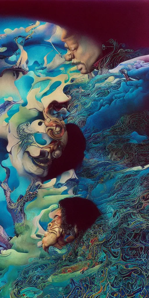 Image similar to ultrawide angle colour masterpiece surreal closeup portrait photography of jimi hendrix playing on stage by miho hirano and annie leibovitz and michael cheval, weird surreal epic psychedelic complex biomorphic 3 d fractal landscape in background by kilian eng and roger dean and salvador dali and beksinski, 8 k