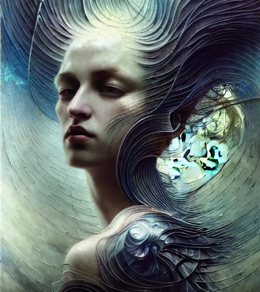 Prompt: divine chaos engine by karol bak and ruan jia and vincent van gogh, desaturated moody neutral pastel colors, iris van herpen visionary dreamscape, symbolist, james jean spiraling clouds, imagination, daydreams and nightmares