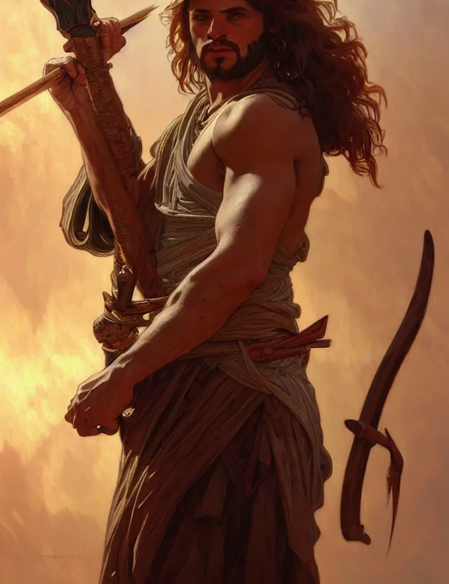 Image similar to portrait of biblical cain holding a spear, intricate, headshot, highly detailed, digital painting, artstation, concept art, sharp focus, cinematic lighting, illustration, art by artgerm and greg rutkowski, alphonse mucha, cgsociety