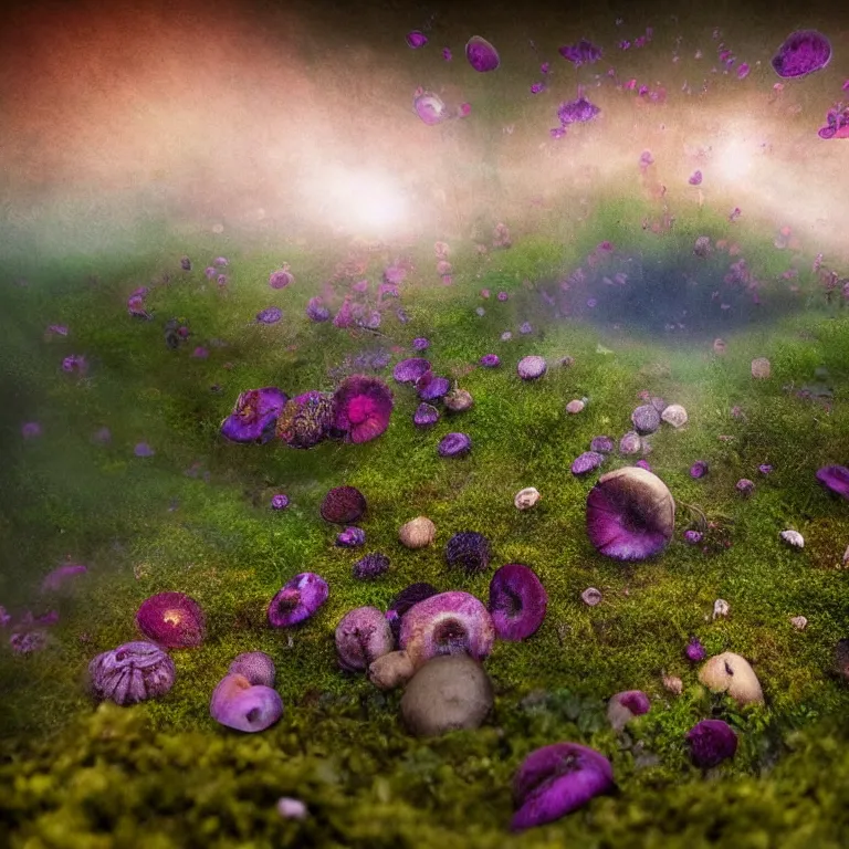 Image similar to a planet of various fungus, mushrooms, flowers and plants, inside the picture is infinity, Atmospheric, artistic photography, conceptual, long exposure outside the city, volumetric light