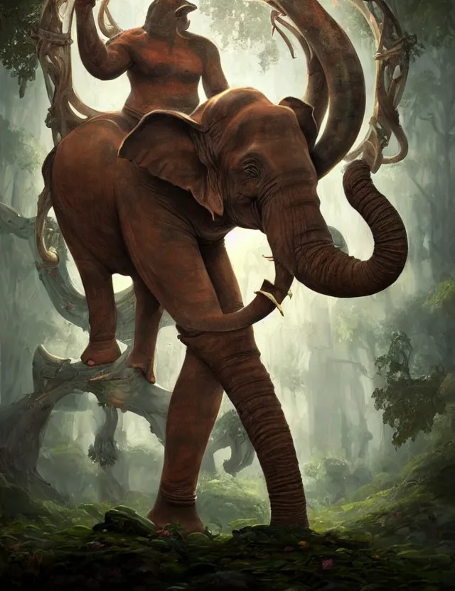 Prompt: full body, abstract painting in lush fantasy environment of a humanoid elephant with makeup on all his body and dressed like a bard, he is holding a harp, face in focus, epic, trending on artstation, masterpiece, cinematic lighting, by ross tran and by greg rutkowski