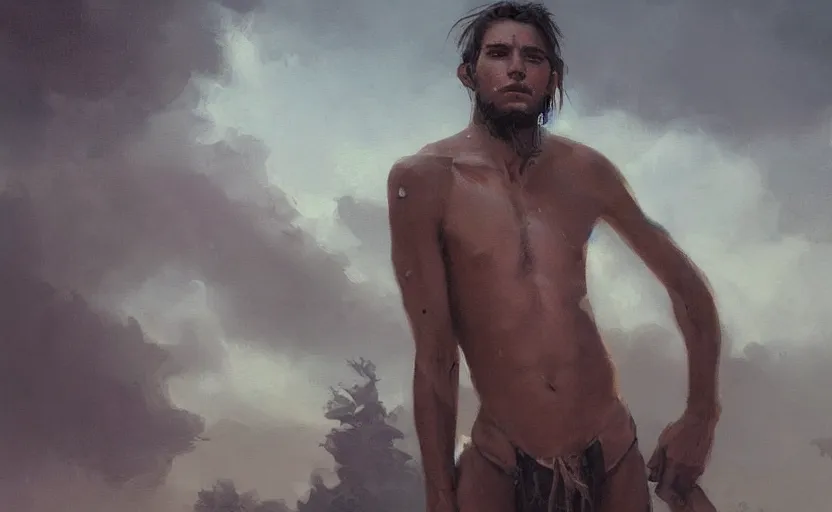 Prompt: a painting of the all father trending on artstation in the style of greg rutkowski, beautiful, young male, sensual, wise, natural skin, leader, 1 9 0 0 s, industrialization, loin cloth