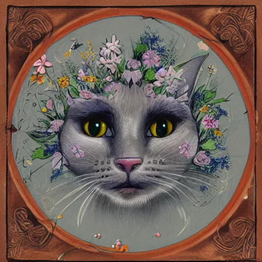 Image similar to image is fully filled with preserved flowers and detailing cat face is emerging from the center, rokoko style