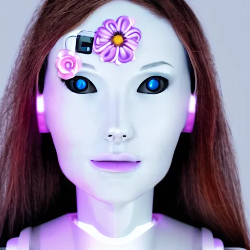 Prompt: female robot face with flowers instead of antennas