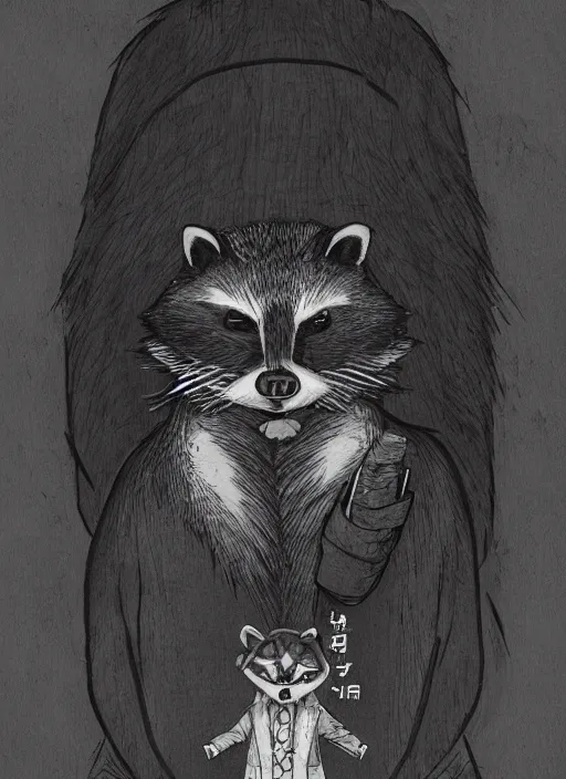 Image similar to a dramatic illustration portrait of an anthropomorphic raccoon mob boss, by posuka demizu, by stephen gammell, by victo ngai, by george ault, in the style of animal crossing, artstation