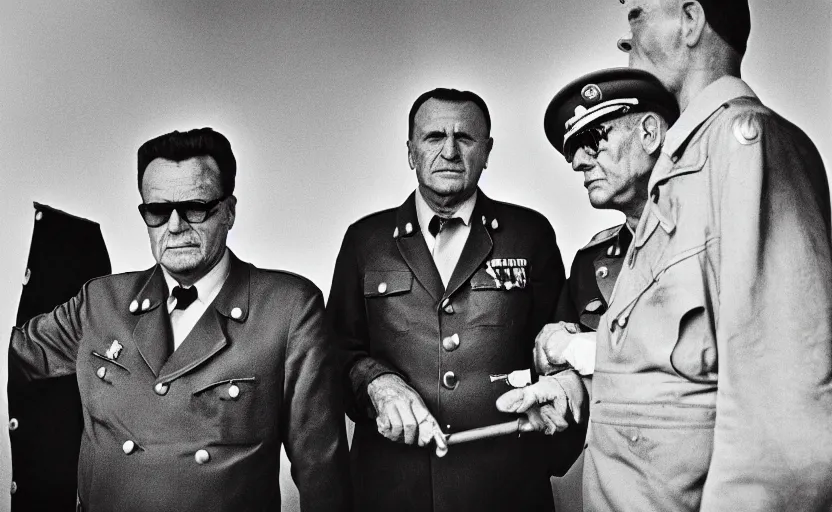 Prompt: 60s movie still group portrait of Josip Broz Tito and his soviet general, by Irving Penn , Cinestill 800t 35mm black and white, heavy grainy picture, very detailed, high quality, 4k, HD criterion, precise texture