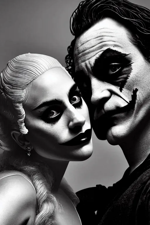 Image similar to joaquin phoenix joker with harley queen lady gaga, photorealistic, ultrarealistic, smooth, 4 k, aesthetic lighting, baroque object, sharp focus, hyperdetailed, professional photography, pullitzer winning, 8 0 0 photo by : canon eos 5 d mark iv, by karah mew and adnan abidi and jodie bateman and ansel adams