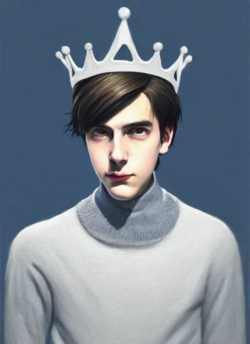 Image similar to portrait of teenage jughead jones wearing a light grey crown, crown, blue turtleneck, 1 9 5 0 s, closed eyes, photorealistic, black hair, glowing lighting, intricate, elegant, glowing lights, highly detailed, digital painting, artstation, concept art, smooth, sharp focus, illustration, art by wlop, mars ravelo and greg rutkowski