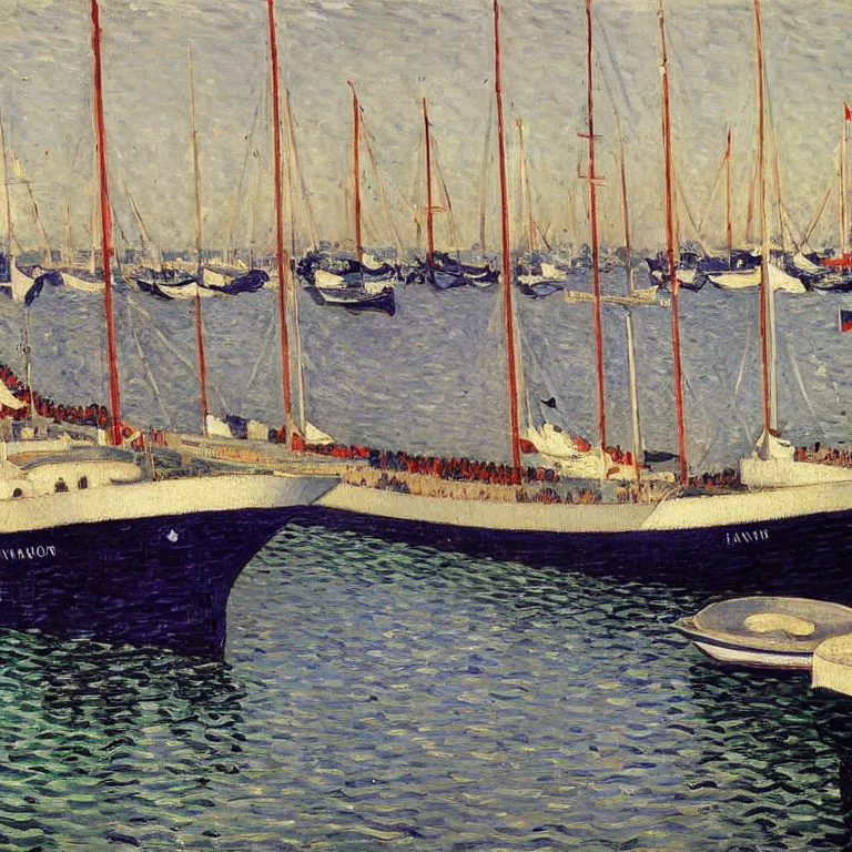 Prompt: a master gouache painting of a group of ships docked at the harbor, group mass composition, very detaied, 8 k, by gustave caillebottet