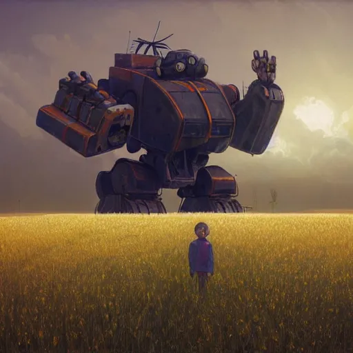 Image similar to giant mech stands over hay field by simon stalenhag, atmospheric haze, children in white jackets below look up, misty blue hour, sci fi digital painting, unreal engine 5, photorealism, hd quality, 8 k resolution, cinema 4 d, 3 d, cinematic, professional photography, art by artgerm and greg rutkowski and alphonse mucha and loish and wlop