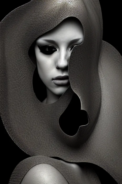 Prompt: portrait of a young beautiful woman with a mask. contemporary photograph, speed painting, fractal, mandelbulb. black and white, black on black. intricate, elegant, super highly detailed, professional digital painting, smooth, extreme illustration, Unreal Engine 5, Photorealism, HD quality, 8k resolution, 3D, beautiful, cinematic, art. art deco, 1950s suburbian.