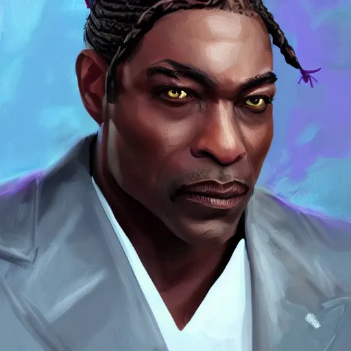 Prompt: a portrait of a muscular older black man with cornrows and a purple suit with a monocle on, D&D, sci-fi, elegant, hopeful, muscular, highly detailed, digital painting, artstation, concept art, smooth, sharp focus, illustration