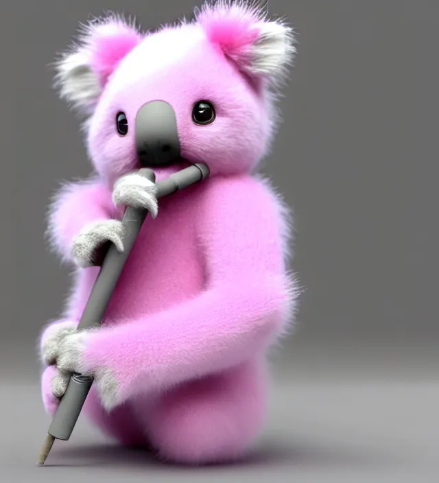 Prompt: high quality 3 d render hyperrealistic very cute small pink koala smoking weed joint, smoke rising from the joint, plush mascot, short spiky dense fluffy smooth hair, photo from the side, pink fluffy fur, 1 5 0 mm, beautiful natural soft light, rim light, vray, smooth background, artstation, ultra detailed