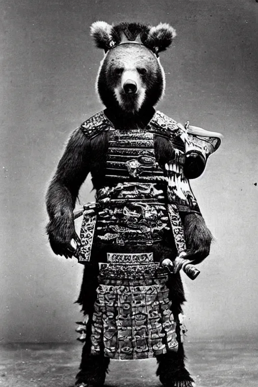 Prompt: “ grizzly bear in full ornate samurai armour, 1 9 0 0 ’ s photo ”