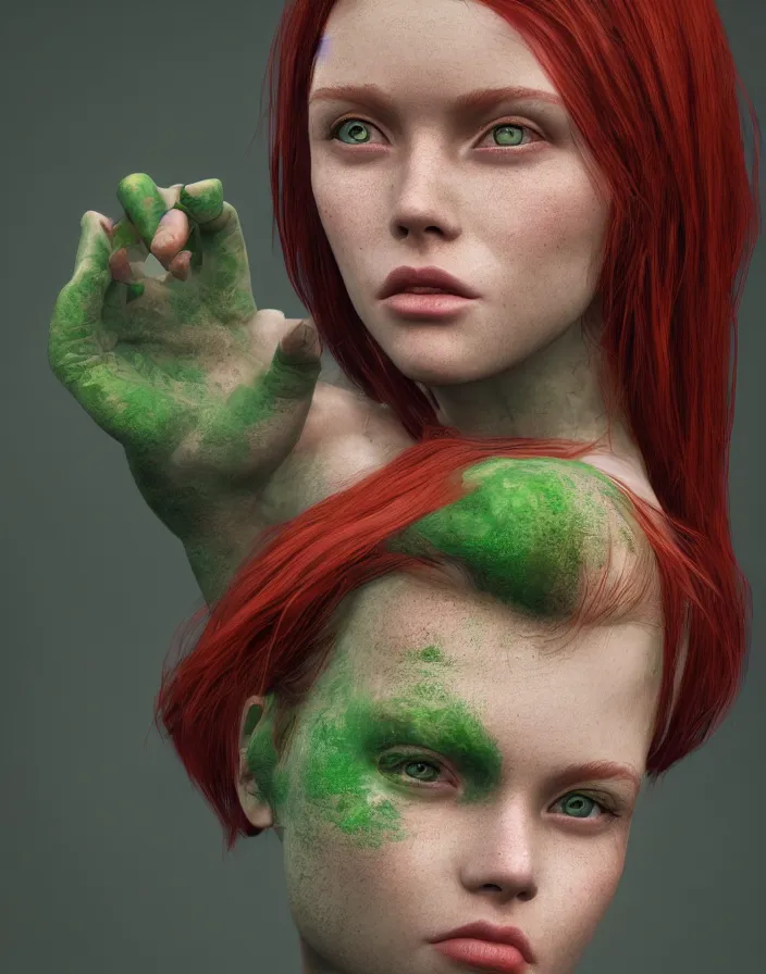 Image similar to girl portrait. red hair, green eyes. intricate artwork. octane render, trending on artstation, very coherent symmetrical artwork. cinematic, hyper realism, high detail, octane render, 8k, matte painting, 3d