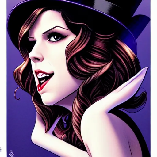 Prompt: beautiful Anna Kendrick Zatanna DC Comics on stage, wearing a top hat, symmetrical face symmetrical eyes, smiling, intricate details, atmospheric, art by eiichiro oda, Joshua Middleton art