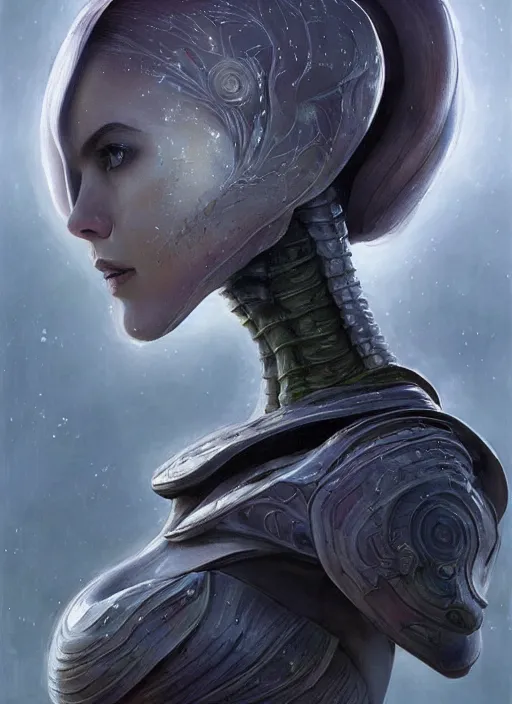 Image similar to a professional painting of a beautiful young female alien, clothed in ethereal armor, olive skin, long dark hair, beautiful bone structure, symmetrical facial features, intricate, elegant, digital painting, concept art, smooth, sharp focus, illustration, from Valerian and the City of a Thousand Planets, by Ruan Jia and Mandy Jurgens and Artgerm and William-Adolphe Bouguerea