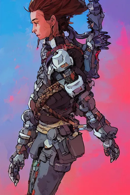 Image similar to combination suit armor aloy horizon forbidden west horizon zero dawn robot ninja mask helmet backpack tribal, gta 5 comics, official fanart behance hd artstation by jesper ejsing, by rhads, makoto shinkai and lois van baarle, ilya kuvshinov, ossdraws