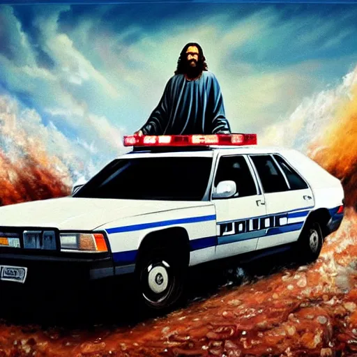 Prompt: hyperrealism painting of jesus christ on top of a police car in a police chase