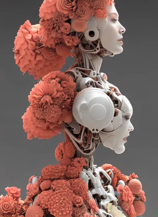 Prompt: biomechanical mannequin carrying perfume enchanted coral kingdom made of corals, daisies, roses in an ivory room well contoured smooth fair walls, up close shot, sharp focus, global illumination, radiant light, alexandre ferra white mecha, irakli nadar, octane highly render, 4 k, ultra hd,