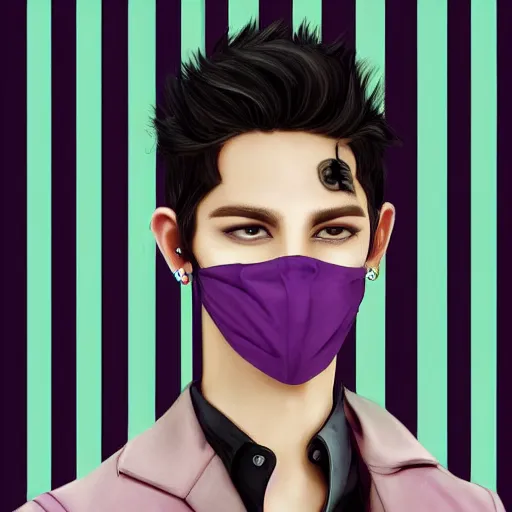 Image similar to professional digital art of a stylish young adult man with short dyed hair, a black face mask, earrings, and striped clothes, high quality, HD, 8K, highly detailed, award-winning, sci-fi, fantasy, movie character, dark purple clouds