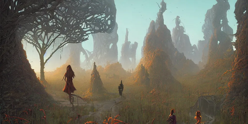 Image similar to A fantasy painting with a woman in a surreal environment by michael whelan and simon stålenhag