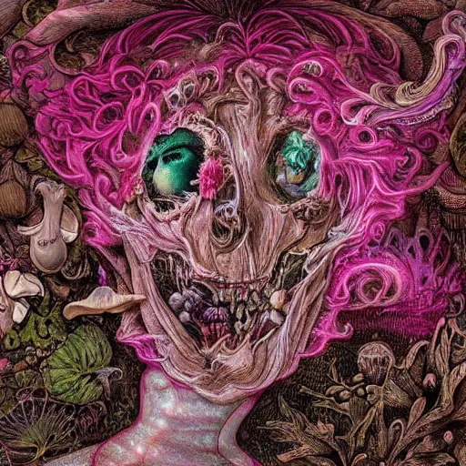 Prompt: a beautiful detailed rococo 8 0's photo of a rotten woman corpse with face muscles, veins, arteries, fractal plants and fractal flowers and mushrooms growing around, intricate, ornate, volumetric light, beautiful lit, beetlejuice