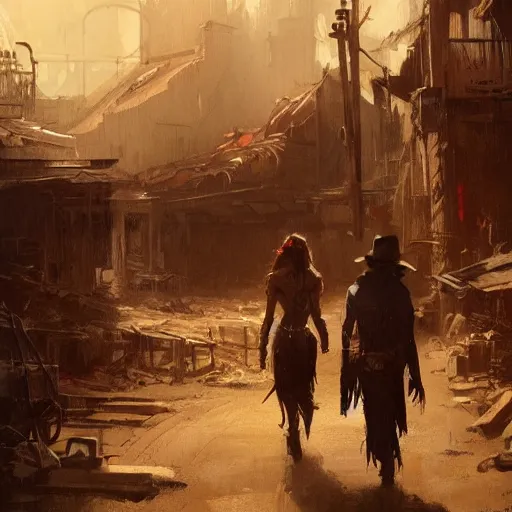 Prompt: old west concept art by greg rutkowski, wonder woman walking through a desolate town with broken down shops and a saloon, enigmatic atmosphere, beautiful and cinematic lighting, artstation hq.