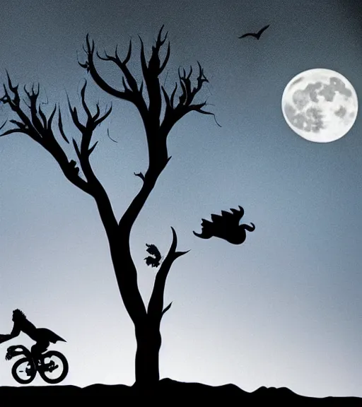 Image similar to a dragon and bike are flying across the full moon as silhouette, from the movie e. t. the extra terrestrial, with dark trees in foreground, cinematic frame by steven spielberg, hd