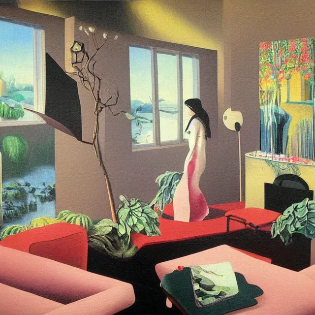 Image similar to female emo art student in her lounge room, painting of flood waters inside an artist's loungeroom, a river flooding indoors, pomegranates, pigs, ikebana, water, octopus, river, rapids, waterfall, black swans, canoe, berries, acrylic on canvas, surrealist, by magritte and monet