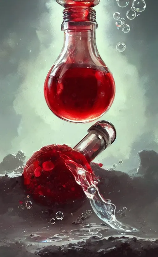 Prompt: a beautiful painting illustration of a health potion, scratched vial, bubbles, crimson, by greg rutkowski, featured on artstation, rpg item