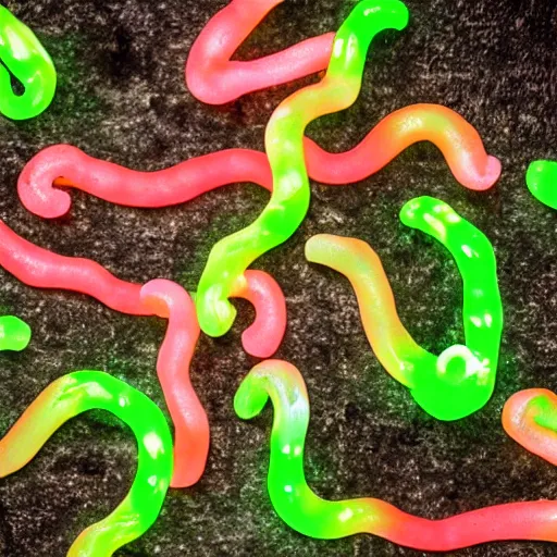 Prompt: corpse grave with neon gummy worms