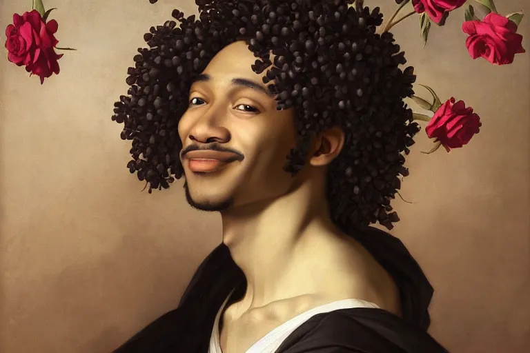 Image similar to young black male smiling with a crown of lilies and roses, digital renaissance painting by artgerm by caravaggio and face by wlop