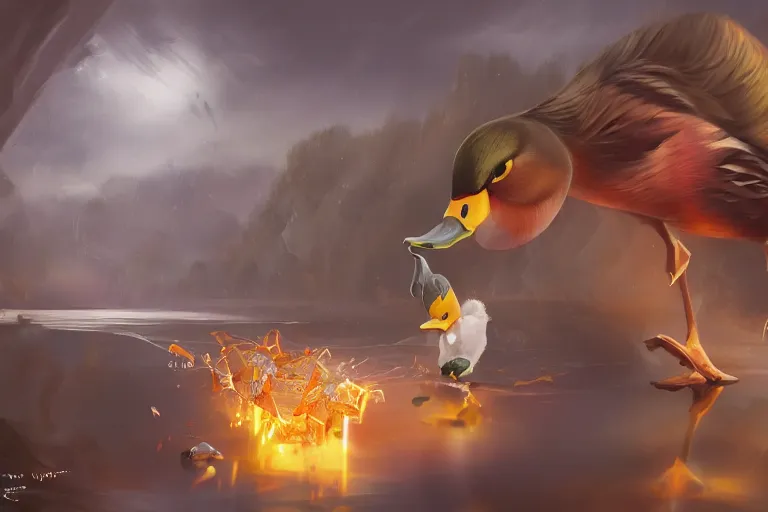 Prompt: duck drinks energy napiokmonstr energy, concept art, wlop, digital painting, trending on artstation, highly detailed, epic composition, official media, 8 k uhd