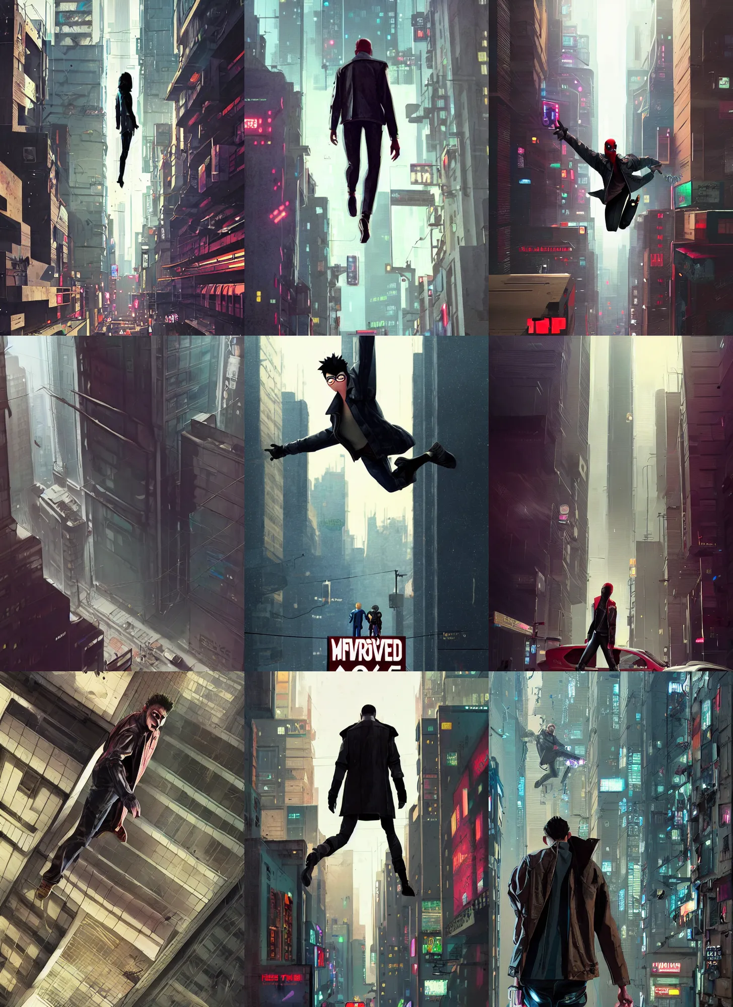 Prompt: movie poster of an android falling off a large windowed building in a muddy cyberpunk city, muted colors, anime, futuristic, highly detailed, octane render, movie poster, wearing a leather trench coat, realistic face details, realistically proportioned face, illustration, digital painting, matte painting, good value control, rule of thirds, in the style of into the spider - verse