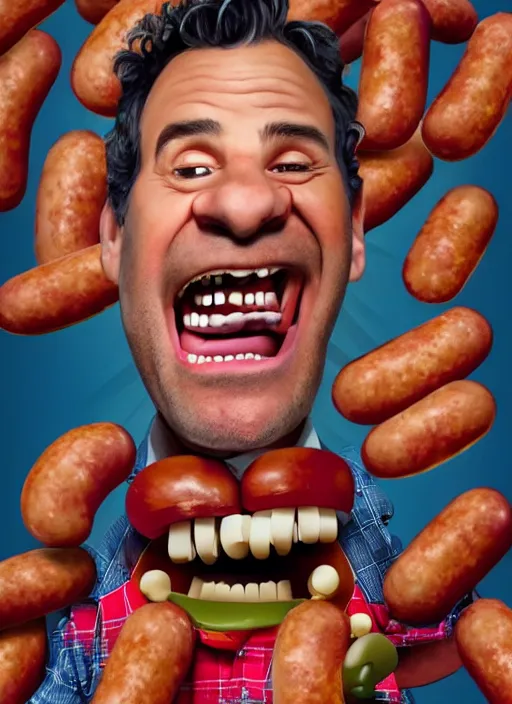 Prompt: hyperrealistic mark ruffalo screaming on a carnival shooting game surrounded by big fat frankfurter sausages with a trippy surrealist mark ruffalo screaming portrait by aardman animation and norman rockwell, mark ruffalo carnival shooting game with hot dogs