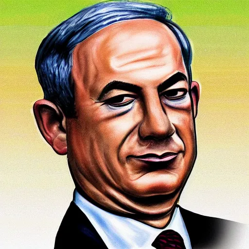 Image similar to a badly painted portrait of benjamin netanyahu