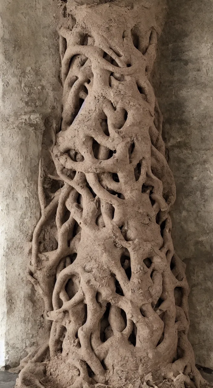 Image similar to a eucalyptus tree entering a clay machine, biomorphic, alchemical still made from clay, octane ,