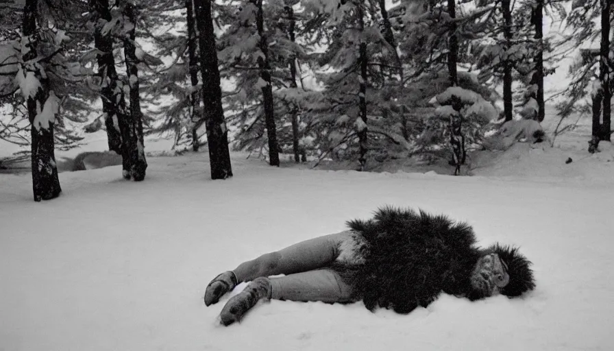 Image similar to 1 9 6 0 s movie still of marcus aurelius frozen to death under the snow by the side of a river with gravel, pine forests, cinestill 8 0 0 t 3 5 mm, high quality, heavy grain, high detail, texture, dramatic light, anamorphic, hyperrealistic, detailed hair, foggy