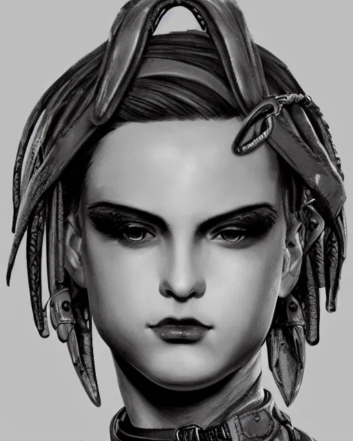 Prompt: a bust of a beautiful androgynous punk girl with short hair and beautiful eyes, beautiful face, wearing tall combat boots, who is a mechanic wearing overalls carrying a bag, digital concept art, detailed digital painting, ornate decorative border, by j. c. leyendecker and edward blair leighton and charlie bowater, trending on artstation