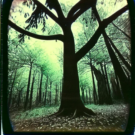 Image similar to 1960s art of tree in magic forest, polaroid, kodak, film grain