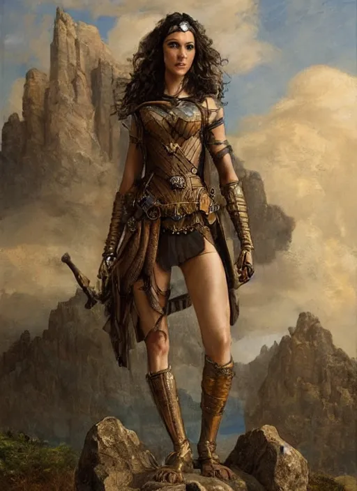 Image similar to oil painting of a highly detailed steampunk gal gadot posing while standing on a rock : leonardo da vinci, greg rutkowski, magali villeneuve