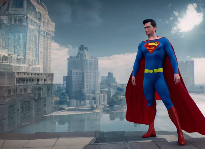 Prompt: zelensky fused with superman, ultra realistic 4 k unreal engine very cinematic render with ray tracing bloom ambient occlusion strong reflections